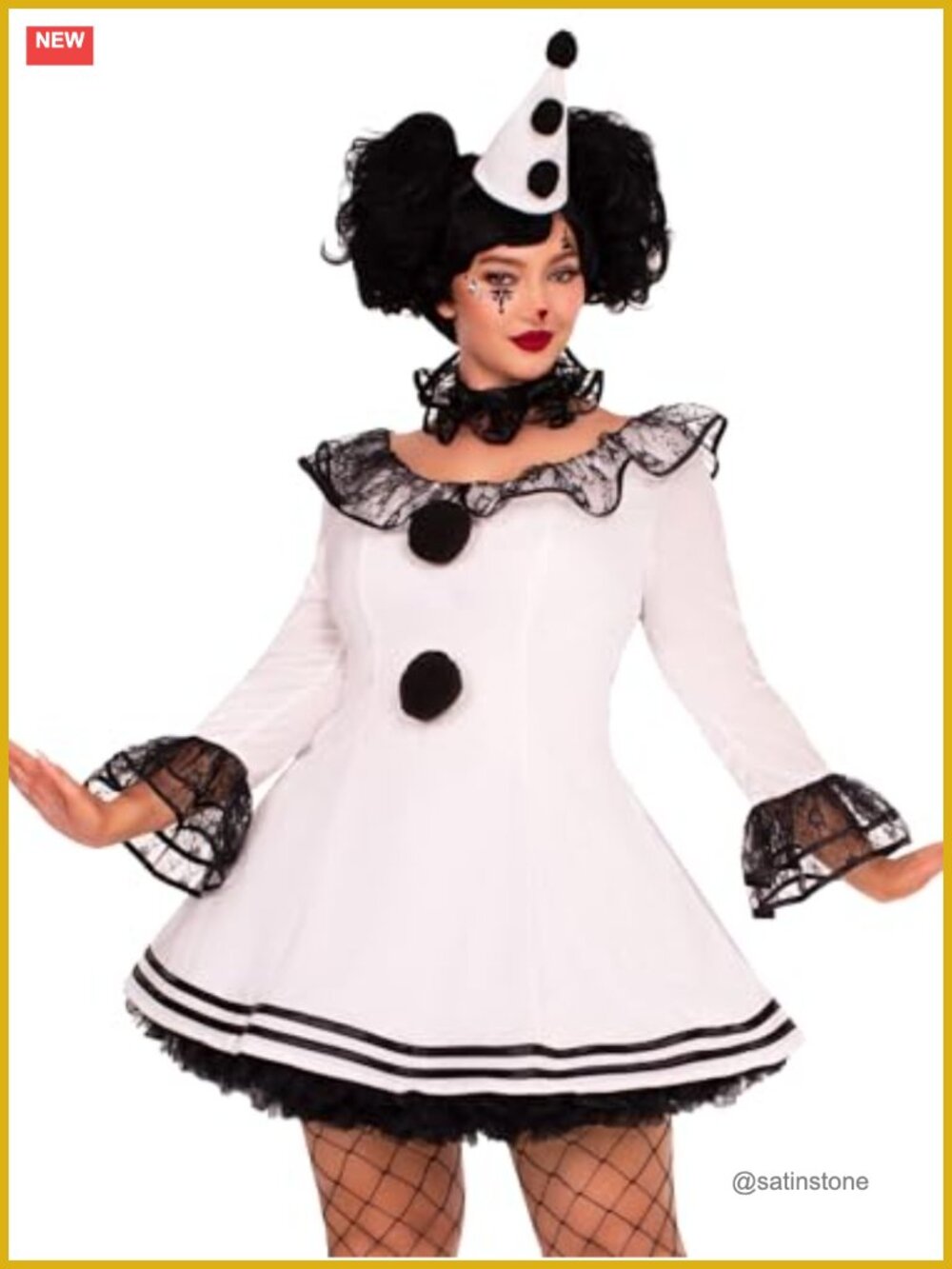 Pierrot Clown Costume Women 3 PC Velvet Dress Collar Hat